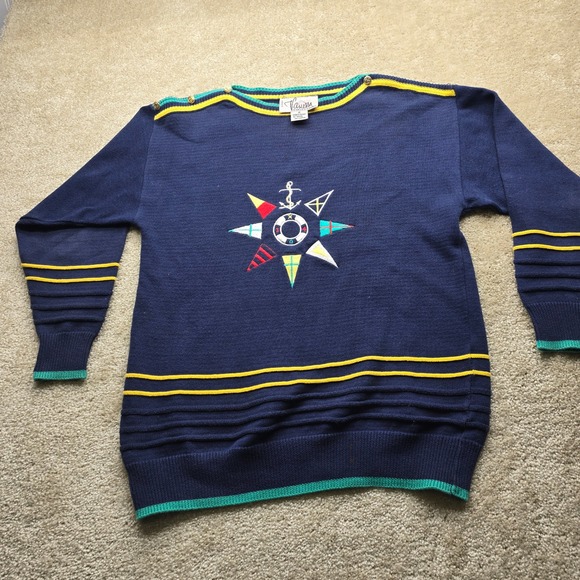 Nautica Mens Navy Blue Nautical Sweater Anchor Life Preserver Flags Size L - Picture 2 of 10